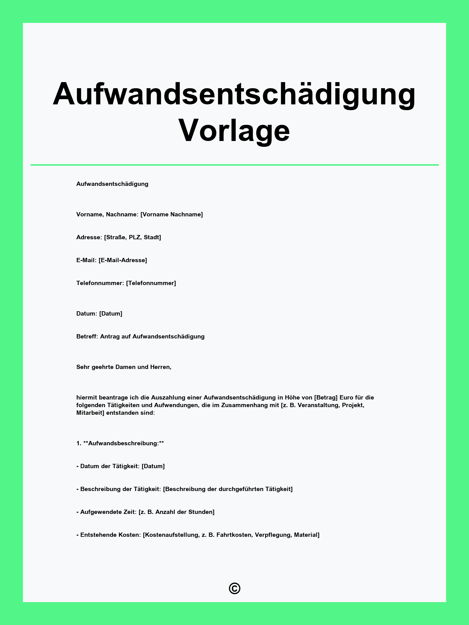 Aufwandsentschädigung Vorlage